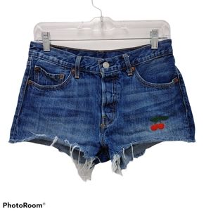 501 Levi's Cherry Embroidered Raw Hem Jean Shorts